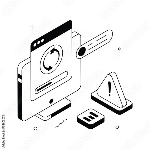 Isometric design showing website reload or refresh warning alert, modern illustration