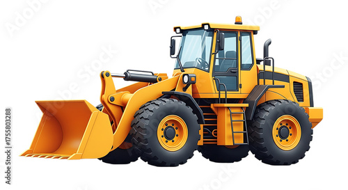 Illustration of a powerful yellow frontend loader construction vehicle with a large bucket, isolated on a transparent background on transparent background