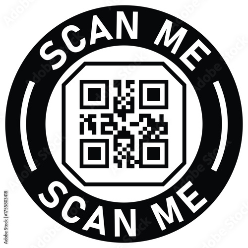 Black and white vector icon with a QR code inside a circle. "SCAN ME" text surrounds the code. Ideal graphic for mobile calls-to-action, promotion, links, and digital marketing.