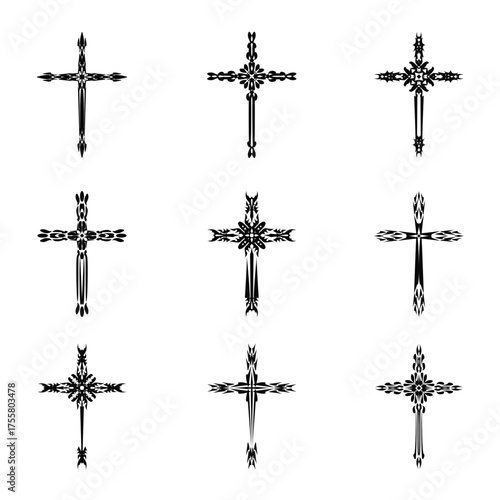 Christian cross vector icon symbols.  Abstract christian religious belief or faith art illustration for orthodox or catholic design. The symbol of the cross in various designs used in tattoo.