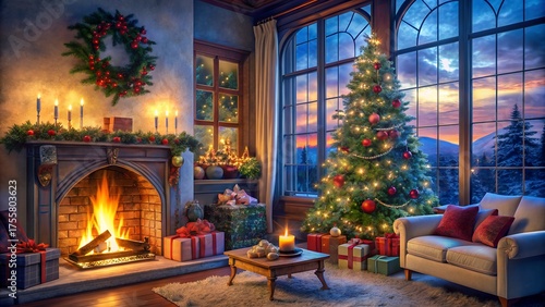 Wallpaper Mural Photo of cozy christmas living room scene with a roaring fireplace, decorated christmas tree, and gifts, set against a twilight sky visible through a large window Torontodigital.ca