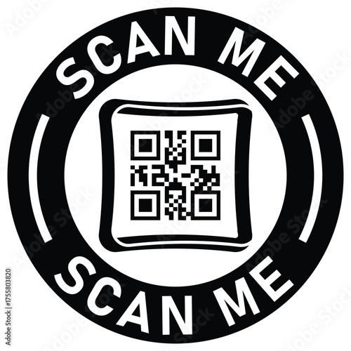 Black and white vector icon with a QR code inside a circle. "SCAN ME" text surrounds the code. Ideal graphic for mobile calls-to-action, promotion, links, and digital marketing.