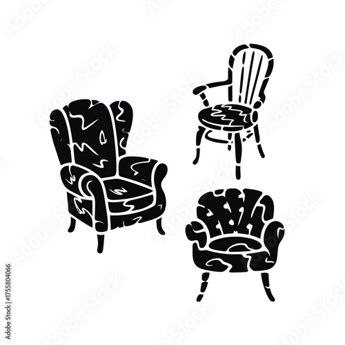 Three black and white stylized chairs on a white background