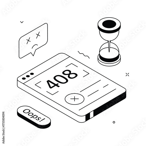 Modern isometric illustration of 408 request timeout web error with sad emoji and hourglass.