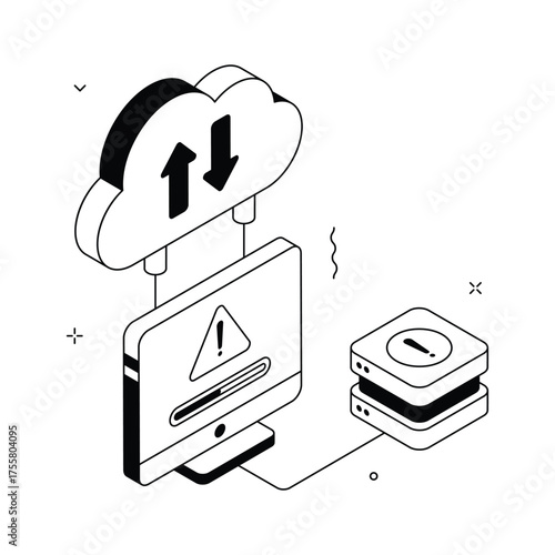 Isometric illustration showing cloud data connection error for web and app designs.