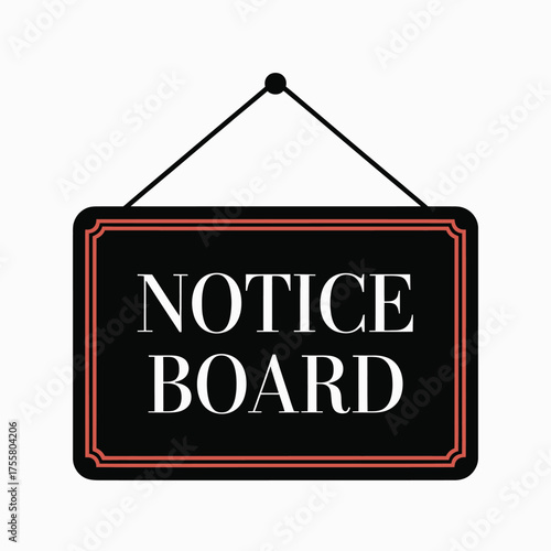 Minimal black vector illustration of a hanging notice board with 'notice board' text scalable eps silhouette vector illustration white background