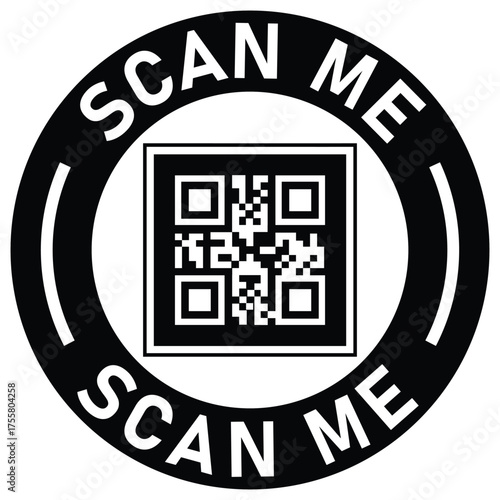 Black and white vector icon with a QR code inside a circle. "SCAN ME" text surrounds the code. Ideal graphic for mobile calls-to-action, promotion, links, and digital marketing.