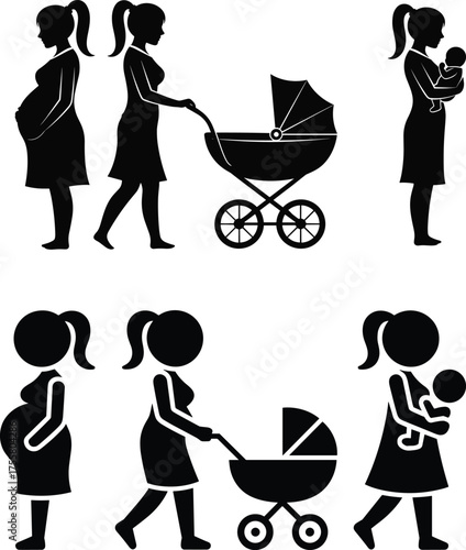 Woman life cycle pregnancy motherhood parenting infant baby stroller silhouettes icon set