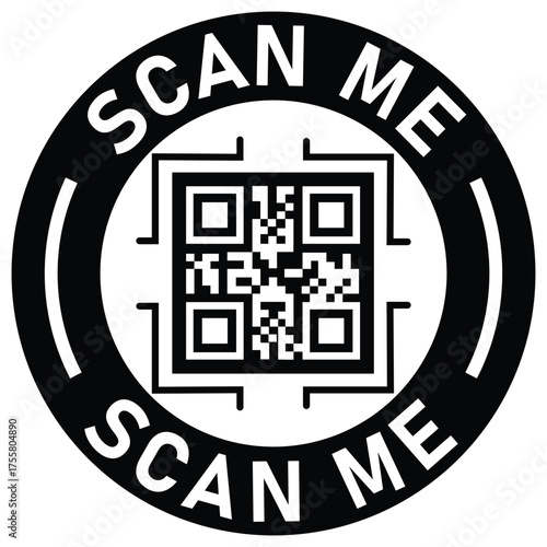 Black and white vector icon with a QR code inside a circle. "SCAN ME" text surrounds the code. Ideal graphic for mobile calls-to-action, promotion, links, and digital marketing.	