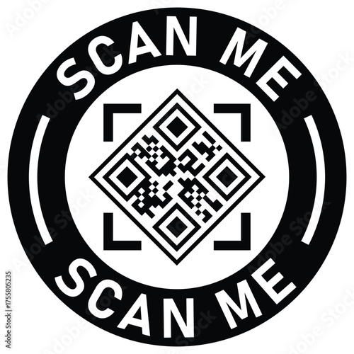 Black and white vector icon with a QR code inside a circle. "SCAN ME" text surrounds the code. Ideal graphic for mobile calls-to-action, promotion, links, and digital marketing.	