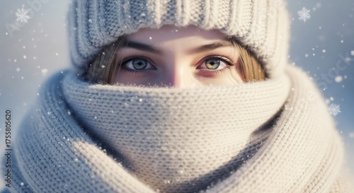 Close Up Portrait of a Girl with Green Eyes Wearing a Gray Hat and Scarf in Snowy Winter