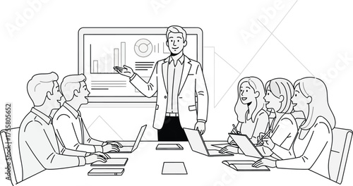 Business meeting presentation speaker leading discussion with colleagues in conference room sketch