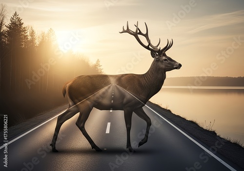 A Majestic Stag Crosses a Scenic Road at Sunrise, Symbolizing Nature's Intrusion into Human Paths