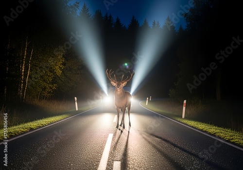 Majestic stag standing on a rural road at night, illuminated by car headlights