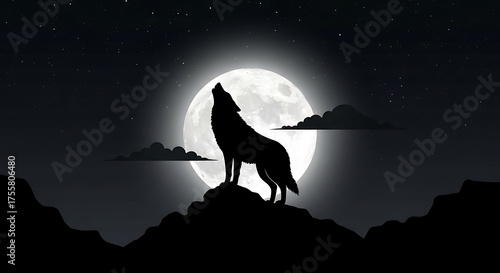 Mystical Wolf Silhouette Howling at Big Moon Night Sky Stars Wildlife Lunar Scene Dark Landscape Artistic Moonlight
