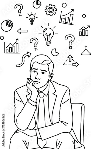 Business man pondering ideas growth strategy challenges and solutions thinking deeply