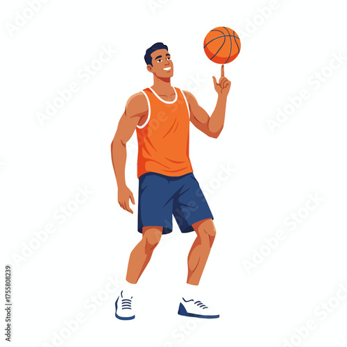 Illustration of a smiling basketball player spinning a ball on his finger in an orange tank top and blue shorts.