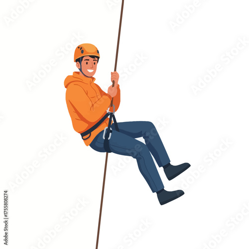 Illustration of a young man rappelling down a rope wearing safety gear and an orange hoodie against a white background.