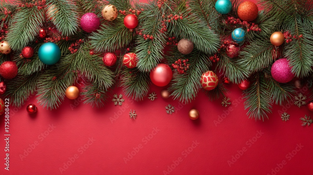 Fototapeta premium Vibrant Christmas Decoration with Ornaments and Greenery on Red Background