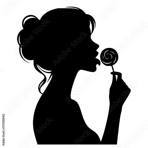 Monochrome black design of woman profile licking a lollipop