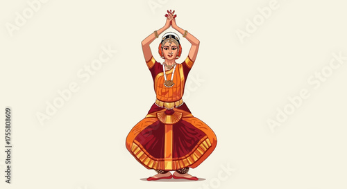 Indian classical dancer performing Bharatanatyam with arms raised in traditional attire against a plain background