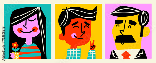 A trendy set of retro vector avatars featuring diverse, stylized human portraits. These bold, pop art inspired characters are perfect for social media profiles, modern branding, and digital apps