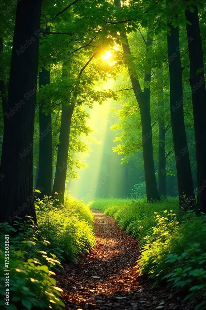 Fototapeta premium Sun-Dappled Path Through Lush Forest Tranquil Nature Scene, Perfect for Serenity and Environmental Themes