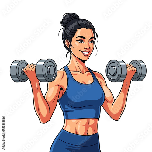 Cartoon illustration of a fit woman lifting dumbbells with a solid white background.