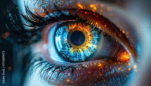 Macro Shot of a Human Eye with Blue and Orange Artificial Patterns and Bokeh Lights Detail Shot