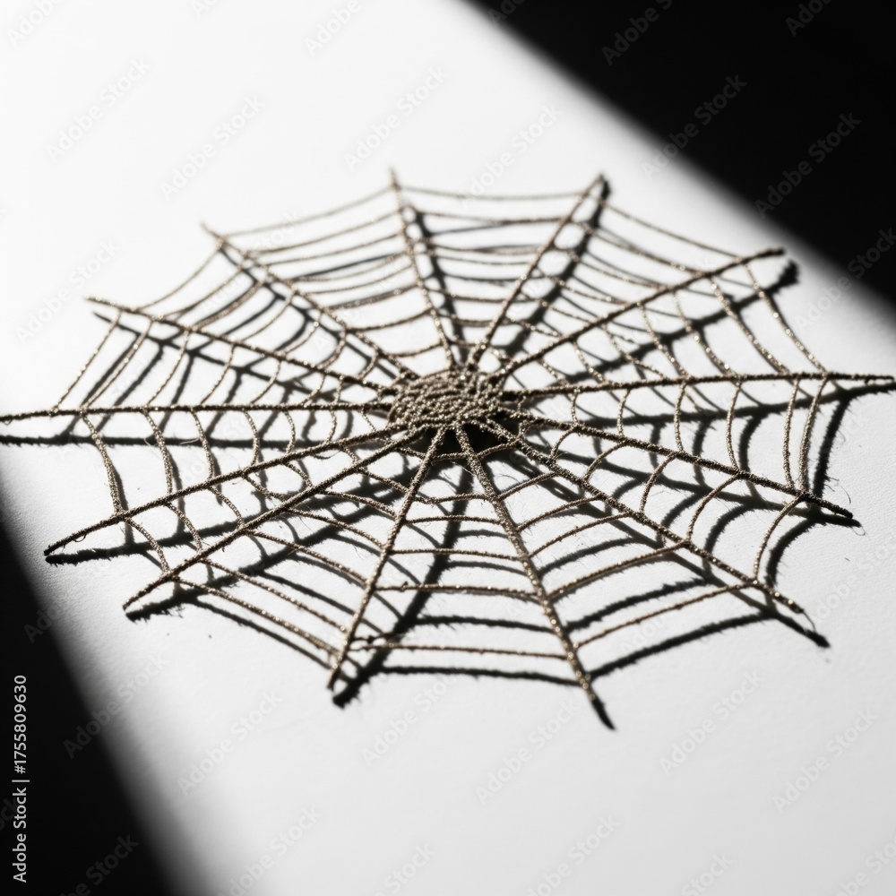 Obraz premium Detailed Golden Spiderweb on White Surface with Dramatic Shadow Overlay