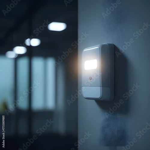 Modern illuminated motion sensor device mounted on a wall in a dimly lit interior emitting a bright light for security