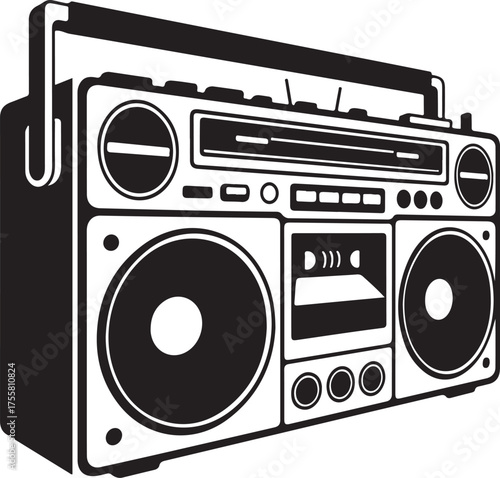 Boombox Graphic Black Silhouette Stereo Cassette Player Vintage Radio