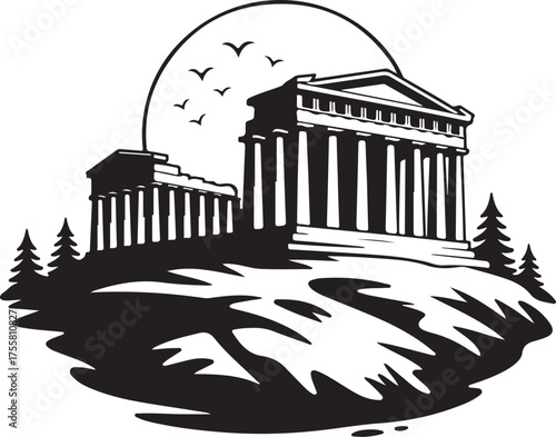 Ancient Ruins Building Silhouette on Hill Landscape Illustration