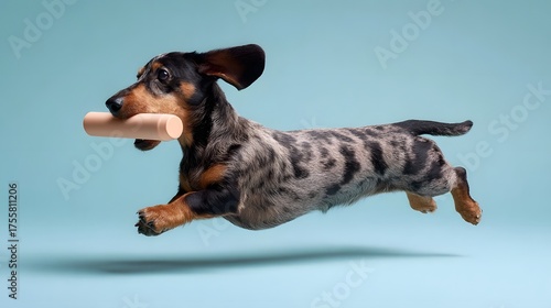 Dachshund dog running mid air with a toy in its mouth isolated on a blue background