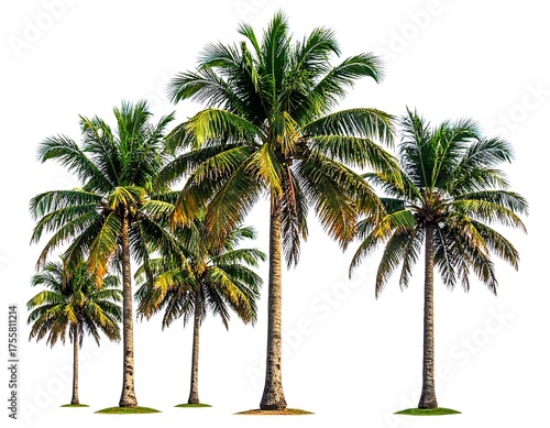 Several tropical palm trees of varying heights, with lush green fronds, on a white background