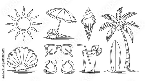 Collection of various oneline drawings featuring summer and beach includes sun, umbrella, shell, ice cream, palm tree, glasses, flip flops, and juice