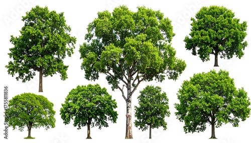 Several vibrant green trees, isolated on a white background, perfect for design elements