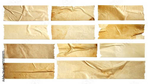 Collection of old, yellowed, wrinkled adhesive tape strips on white