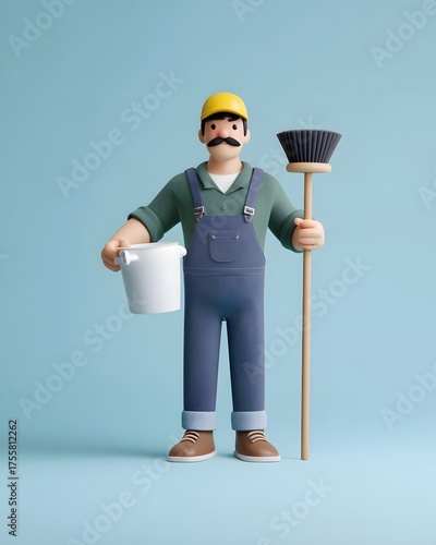 A friendly 3D cartoon cleaner character with a mustache wearing overalls and a yellow cap holding a broom and a white bucket