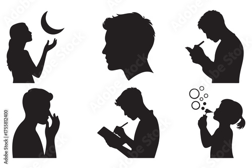 Vector silhouette illustration of women and girls in various poses and profiles