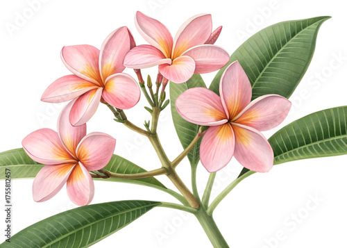 Vibrant Pink Frangipani Flowers Cluster with Lush Green Leaves Illustration