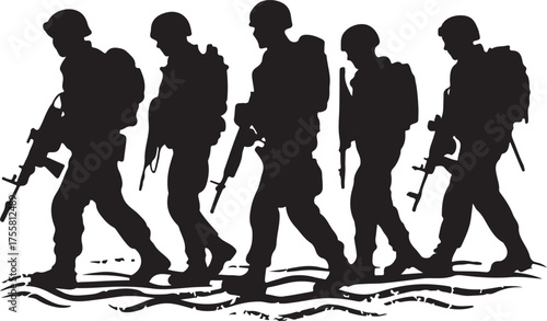 Soldiers Marching Forward Armed, Black Silhouette Military Patrol Infantry