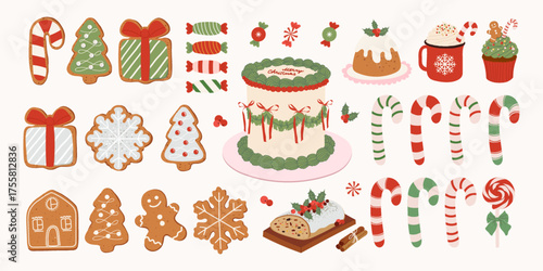 Set of traditional Christmas sweets. Cute hand drawn gingerbread cookies, candy cane, cake, cupcake, Stollen.Vector retro clipart collection for greeting card, poster, holiday decor