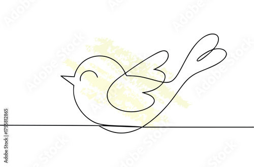 Minimalist single line drawing a small bird a branch with yellow abstract animal