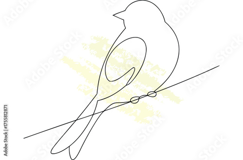 Minimalist single line drawing a sparrow perched a branch with abstract yellow bird animal