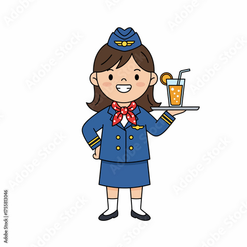 Cartoon illustration of a smiling flight attendant holding a tray with a drink, wearing a blue uniform and hat.