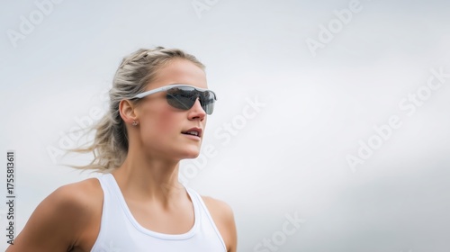 Athletic woman wearing sunglasses is running outdoors, showcasing determination and focus against a soft, cloudy background, embodying a healthy lifestyle and fitness motivation