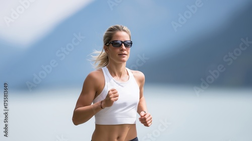 Athletic woman with blonde hair, wearing sunglasses and a white tank top, is jogging along a scenic lakeside path, showcasing fitness and determination in a natural environment