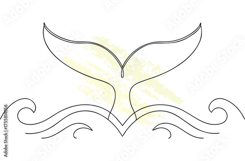 Minimalist single line drawing a whale tail waves fluke ocean
