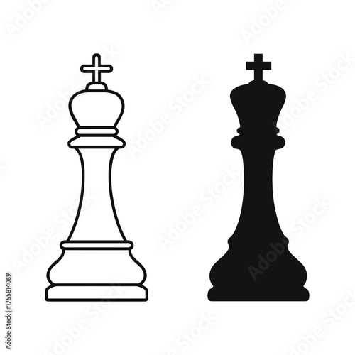 Black and white chess king icons, outline and solid silhouette on white
